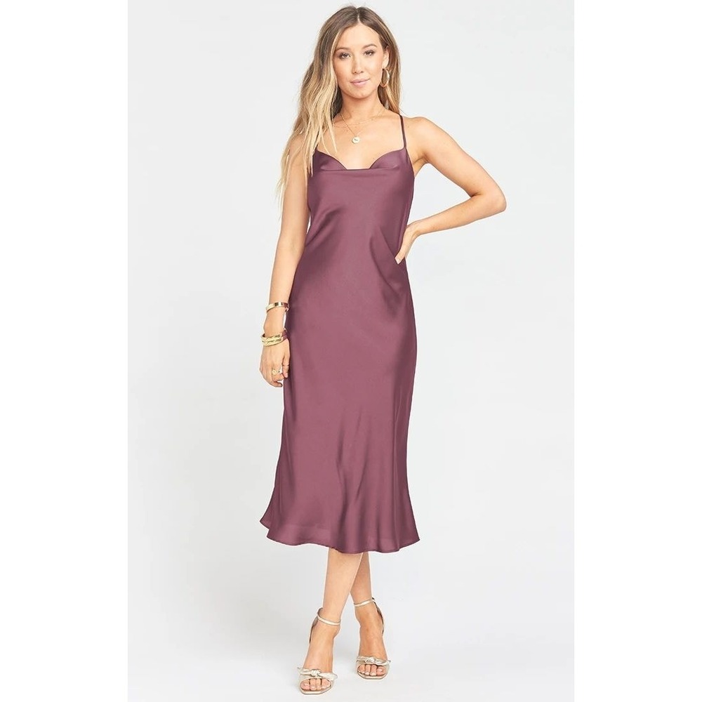 Show Me Your Mumu Verona Cowl Midi Dress Large Dusty Plum Satin Bridesmaid NWT